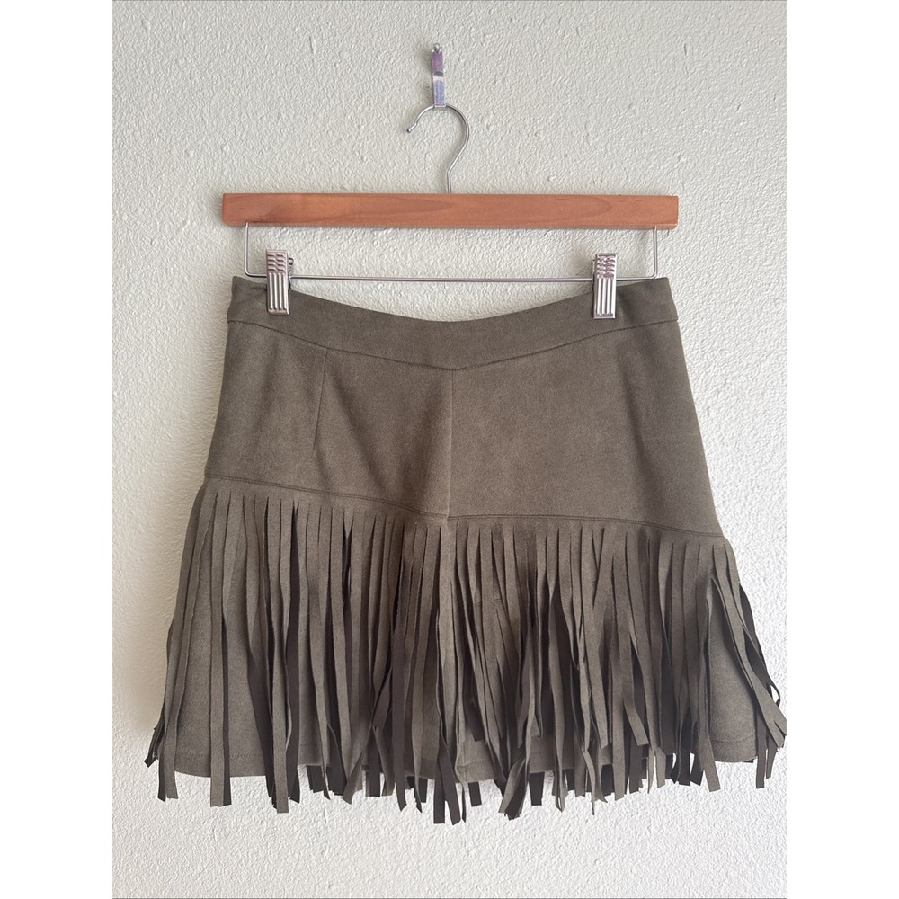 Cupshe Women's Western Style Fringe Green Faux Suede Mini Skirt M Rodeo Festival
